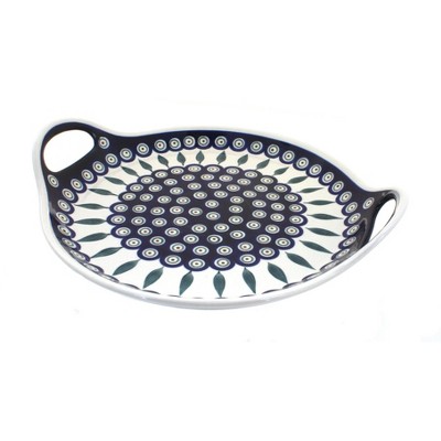 Blue Rose Polish Pottery Peacock Round Serving Tray w/Handles