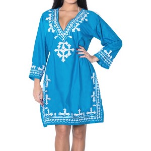 HAPPY BAY Women's Loose Mini Swimwear Dress Vacation Beachwear Swim Suit Short Summer Bathing Suit Cover Ups 8-12 Blue Solid - 1 of 4