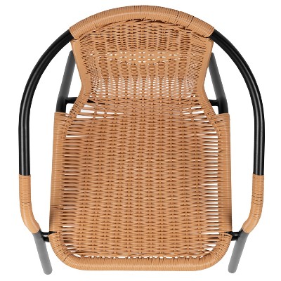 Beige Rattan and Black Steel Patio Dining Chairs, Set of 2