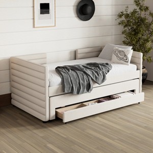 ModernLuxe Twin Size Upholstered Daybed Frame with Trundle & 3 Storage Drawers, Short-haired Linen  Sofa Bed for Guest Room, Beige/Gray/Dark Blue - 1 of 4