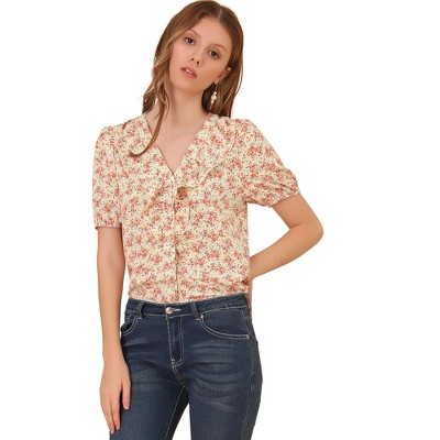 Allegra K Women's Summer Short Sleeves V Neck Ruffle Floral Button Down Shirt