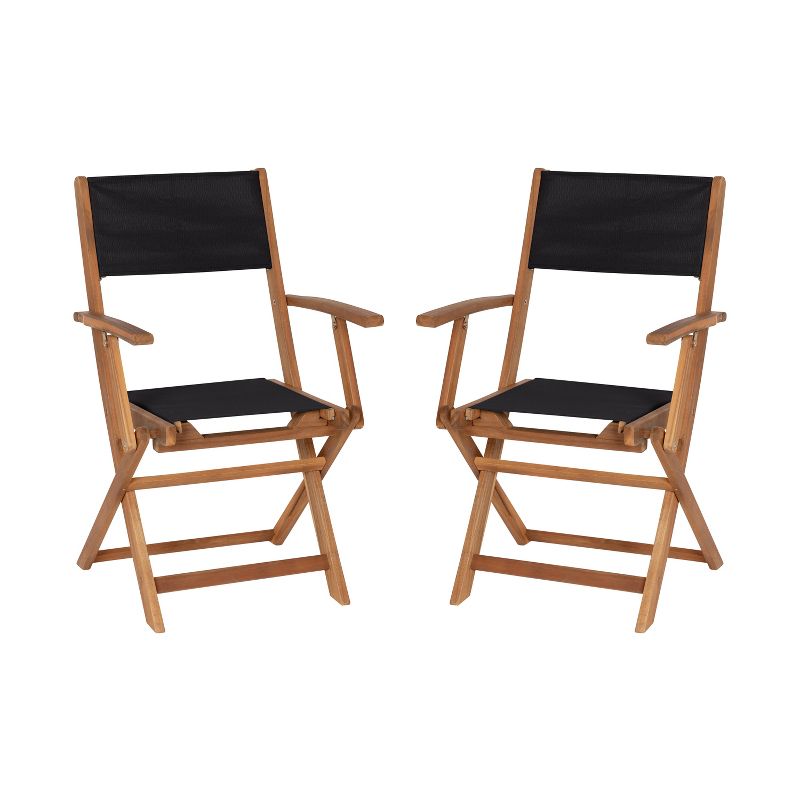 Flash Furniture 2PK All-Weather Acacia Wood and Mesh Folding Bistro Armchairs - Natural/Black, 1 of 13