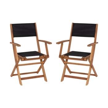 Merrick Lane Set of 2 Indoor/Outdoor Acacia Wood Folding Patio Bistro Armchairs with Black Textilene Mesh Back and Seat, Natural