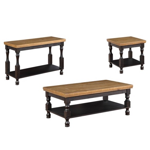 3pc Philoree Farmhouse Coffee and End Table Set Antique Black and Oak HOMES Inside Out