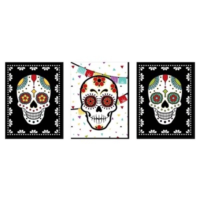 Big Dot of Happiness Day of the Dead - Sugar Skull Wall Art, Kids Room Decor, and Themed Room Home Decorations - 7.5 x 10 inches - Set of 3 Prints