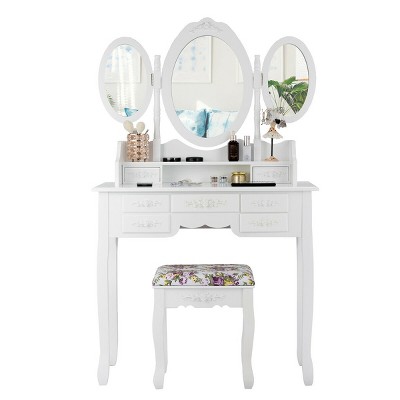 Tangkula Tri-Folding Mirror Vanity Makeup Set Dressing Table & Stool Unit w/ 7 Drawer