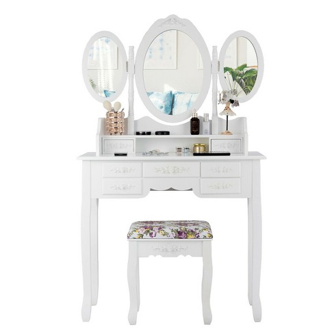 Costway Vanity Table Set Lighted Mirror Storage Drawer Shelf Cushion Stool  : Target