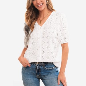 Amaryllis Women’s Eyelet Embroidered V-Neck Puff Sleeve Blouse Button-Front Detail Lightweight Summer Top- X Large ,White - 1 of 4