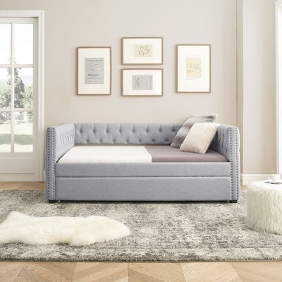 NicBex Full Size Daybed with Twin Size Trundle,Upholstered Sofa Bed with Copper Nail for Bedroom,Living Room,Apartment