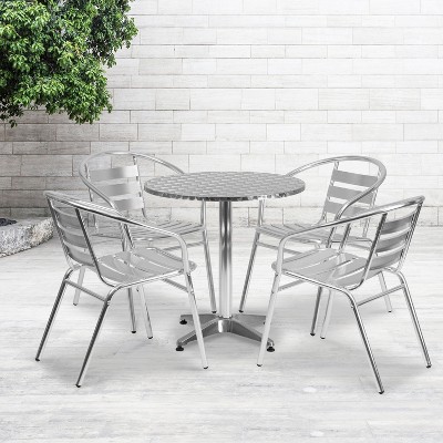 Silver Aluminum 27.5" Round Dining Table Set with 4 Chairs