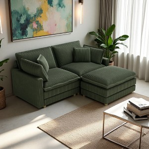 Corduroy Deep Seat L-Shaped Modular Sectional Sofa with 4 Pillows & Ottoman - 1 of 4