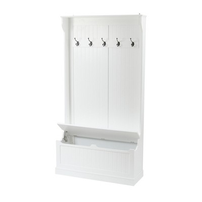 Bright White MDF Hall Tree with Storage Bench and Coat Hooks