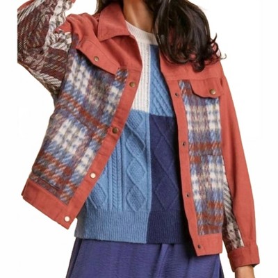 Women's Plaid faux-shearling Button Up Denim Jacket - umgee