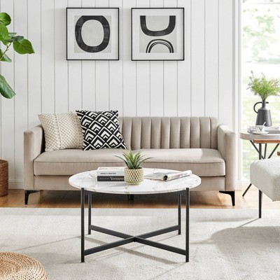 35" Round White Marble Finish Coffee Table with Black Metal Frame