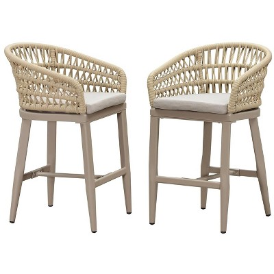 PURPLE LEAF Outdoor Rattan Bar Stools Set of 2 Modern Boho Aluminum Patio Bar Height Chair with Cushion for Garden Outdoor and Indoor