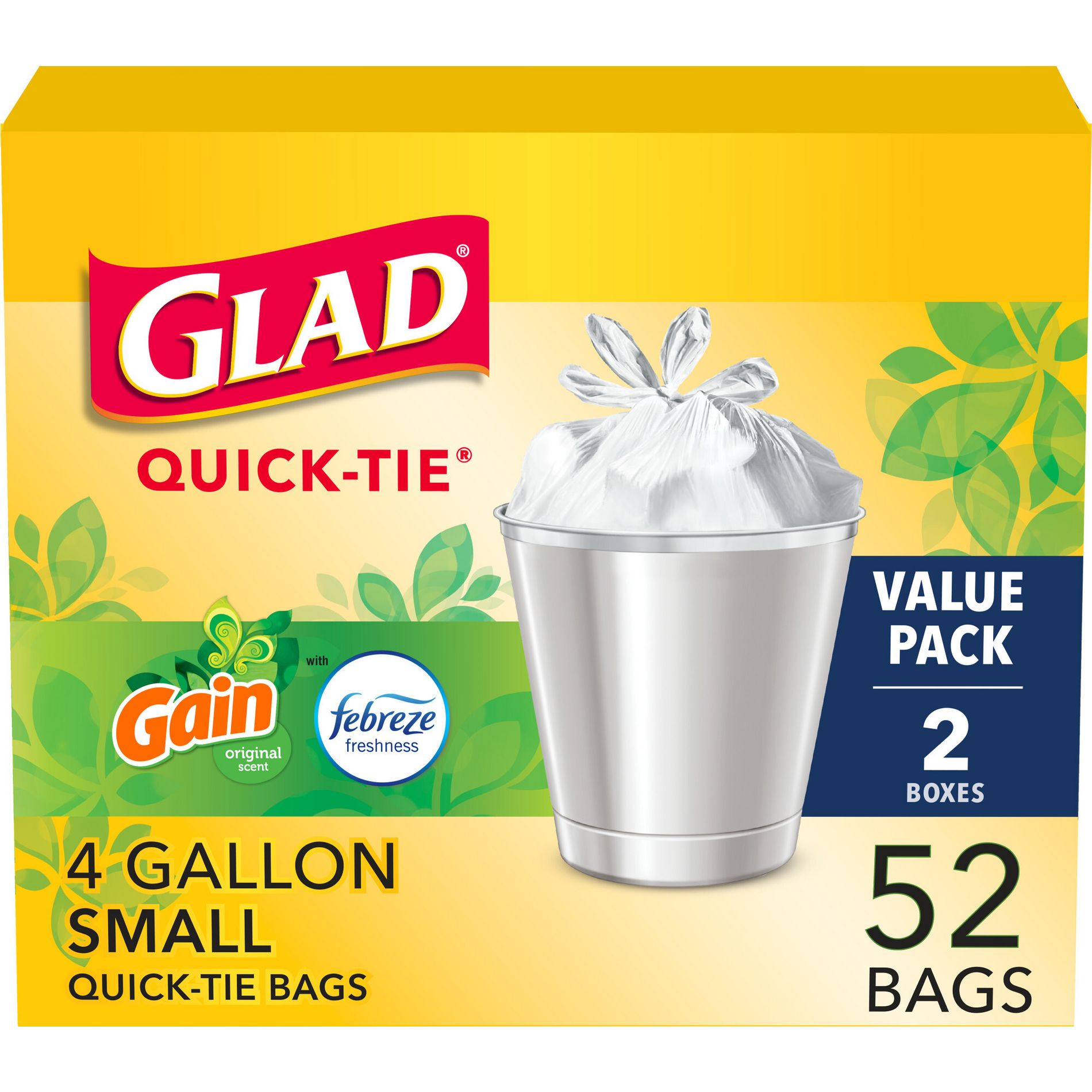 Glad Small Quick Tie Trash Bags - Gain Original - 4gal/52ct