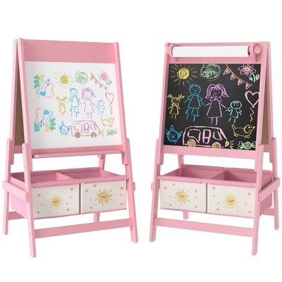 Qaba Kids Easel, 3-in-1 Double-Sided Art Easel with Paper Roll, Whiteboard & Chalkboard, Storage Baskets for Toddlers Ages 3-8