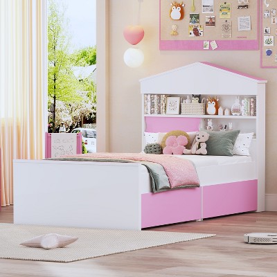 Twin Size House-Shaped Wooden Bed with Storage Shelf on the Headboard, Built-in Two Storage Drawers - ModernLuxe