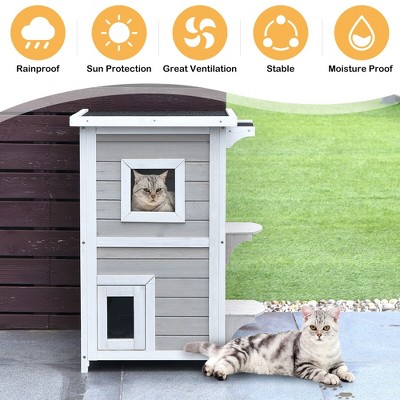 Gray and White 2-Story Wooden Outdoor Cat House with Escape Door