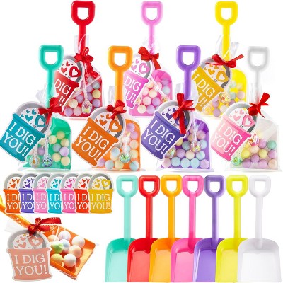 Joyfy 28 PCS Plastic Toy Shovels with I DIG YOU Cards and Ribbon Candy Bags, Valentine Party Favors for Classroom Exchange Prizes & Gifts