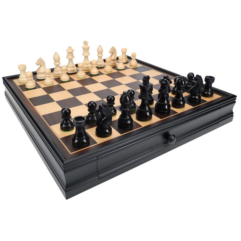 WE Games French Staunton Chess & Checkers Set - Weighted Pieces, Black Stained Wooden Board with Storage Drawers - 15 in., 1 of 9