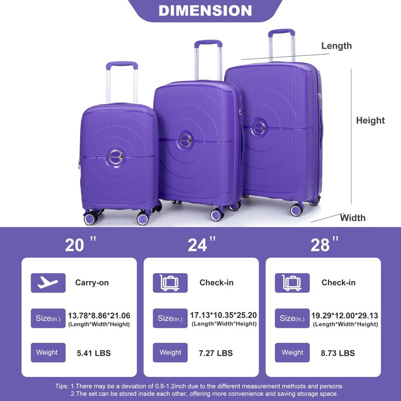 3 PCS Expanable Luggage Set, PP Lightweight Hardshell Spinner Wheel Suitcase with TSA Lock (20+24+28)-ModernLuxe, 2 of 12