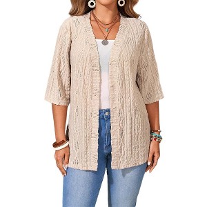 Women's Open-Front Crochet Cardigan, Solid Half-Sleeve Knit Top, Casual Hollow-Out Layering Sweater - 1 of 4