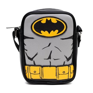 DC Comics Vegan Leather Round Crossbody Bag with Adjustable Straps, Batman Character Close Up with Bat and Belt Appliques, Black and Grey - 1 of 4
