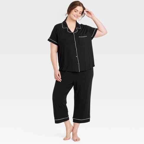 Women s Cloud Knit Short Sleeve Notch Collar Top And Cropped Pants Pajama Set Auden Black 1x Target