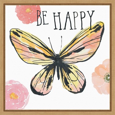 Be Happy Pastel Yellow and Pink Butterfly Canvas Print with Brown Frame