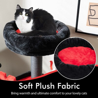 Gothic Black and Red Plush Cat Tree Tower with Coffin Bed