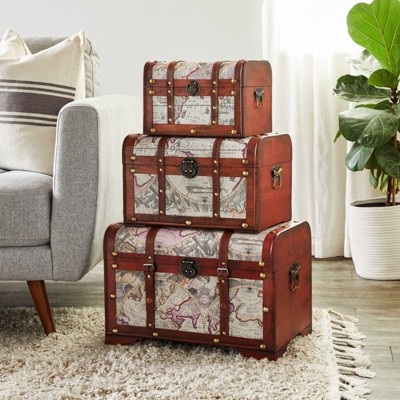 Set of 3 Antique Map Print Wooden Storage Trunks
