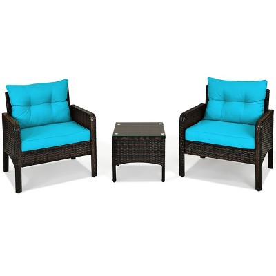 Tangkula 3PCS Outdoor Patio Rattan Wicker Conversation Set W/Cushions