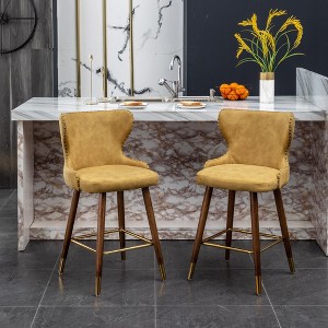 Faux Leather Tufted Counter Stools Set of 2 with Nailhead Trim, Wing-Back, Solid Wood Legs, and Gold Footrest for Kitchen or Dining Area - 1 of 4