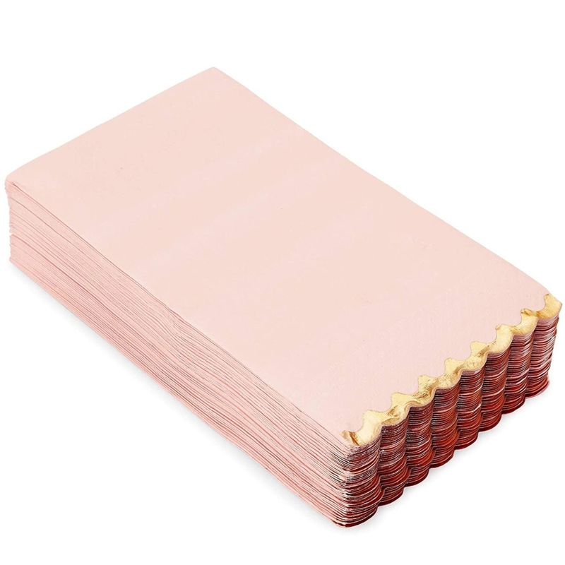 Sparkle and Bash 50 Pack Pink Paper Dinner Napkins with Gold Foil Scalloped Edges for Birthday Party, Wedding, 3-Ply, 4 x 8 In, 1 of 7
