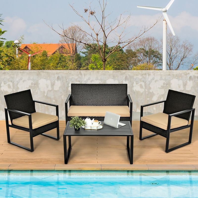 Costway 4PCS Patio Rattan Furniture Set Cushioned Sofa Coffee Table Garden Deck Brown, 1 of 11
