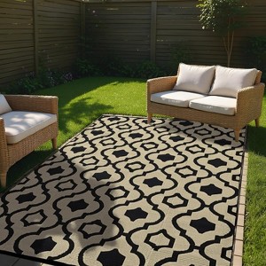 Outdoor Patio Rug, Large Waterproof Plastic Straw Mat, Geometric Reversible Carpet for Beach Deck Backyard Balcony Camping RV, Brown+Black 6*9ft - 1 of 4