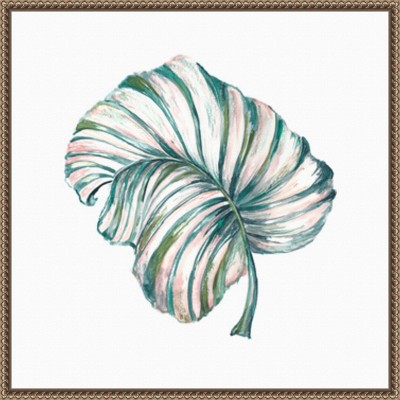 Island Leaf III Green and Pink Canvas Print with Bronze Frame