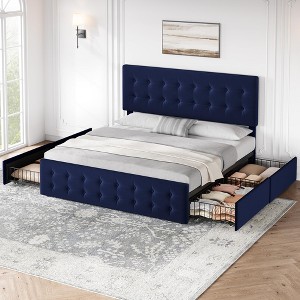 Full/ Queen/ King Size Bed Frame, Upholstered Bed Frame With And 4 Storage Drawers,Button Tufted Design,Wooden Slats Support, No Box Springs Needed - 1 of 4