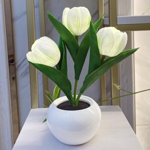 Tulip Night Light, LED Simulation Tulip Night Light Bouquet 3 Heads with Ceramic Vase Bedroom Bedside Lamp for Home Living Room Desktop Decor - 1 of 4