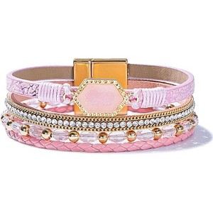 Crystal Beaded Leather Wrap Bracelet with Resin Stone Center, Stackable Boho Cuff with Magnetic Clasp for Women - 1 of 4