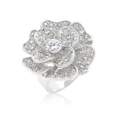Slickblue Women’s Flower Design 4.9 Ct. Cubic Zirconia Cocktail Ring – Rhodium-Plated Silver Tone, Sizes 5-10
