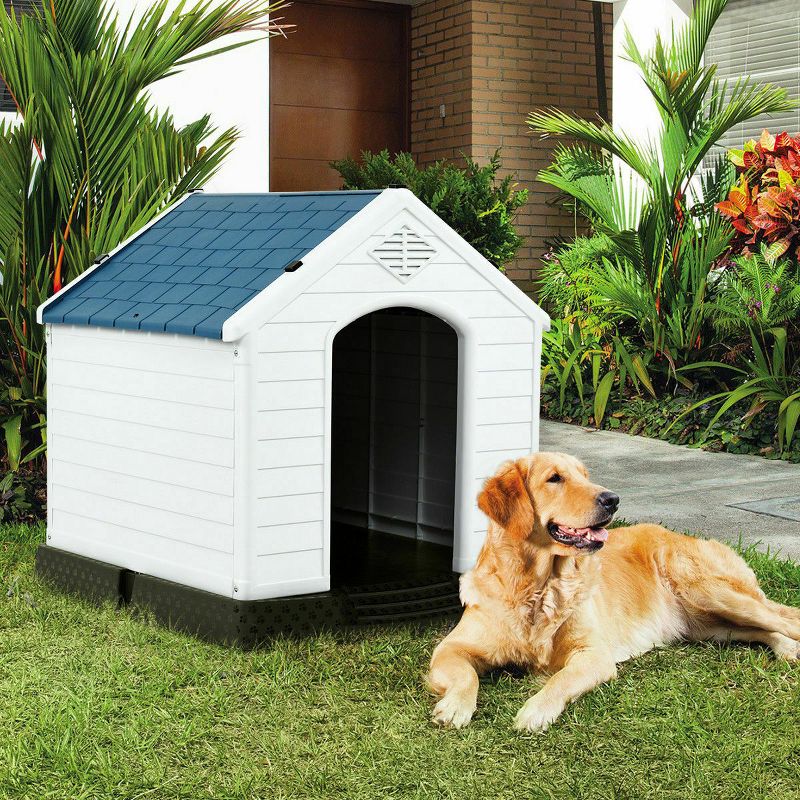 Tangkula Dog House for Medium Dogs Waterproof Plastic Dog Houses with Air Vents and Elevated Floor Outdoor Cat House Feeding Station Blue, 2 of 10