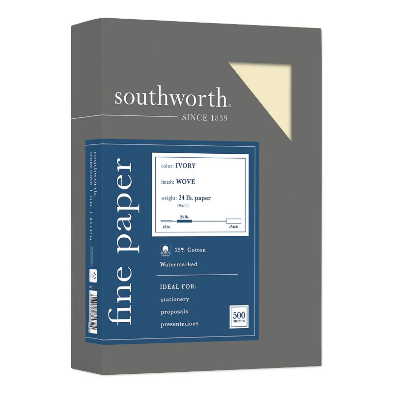 Southworth 25% Cotton Business Paper Ivory 24 lbs. Wove 8-1/2 x 11 500/Box FSC 404IC, 1 of 6