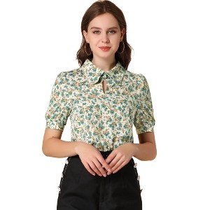 Allegra K Women's Vintage Floral Turnover Collar Split Neck Puff Short Sleeve Chiffon Blouse - 1 of 4