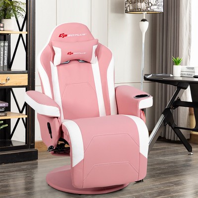 Pink and White PU Leather Reclining Gaming Chair with Footrest