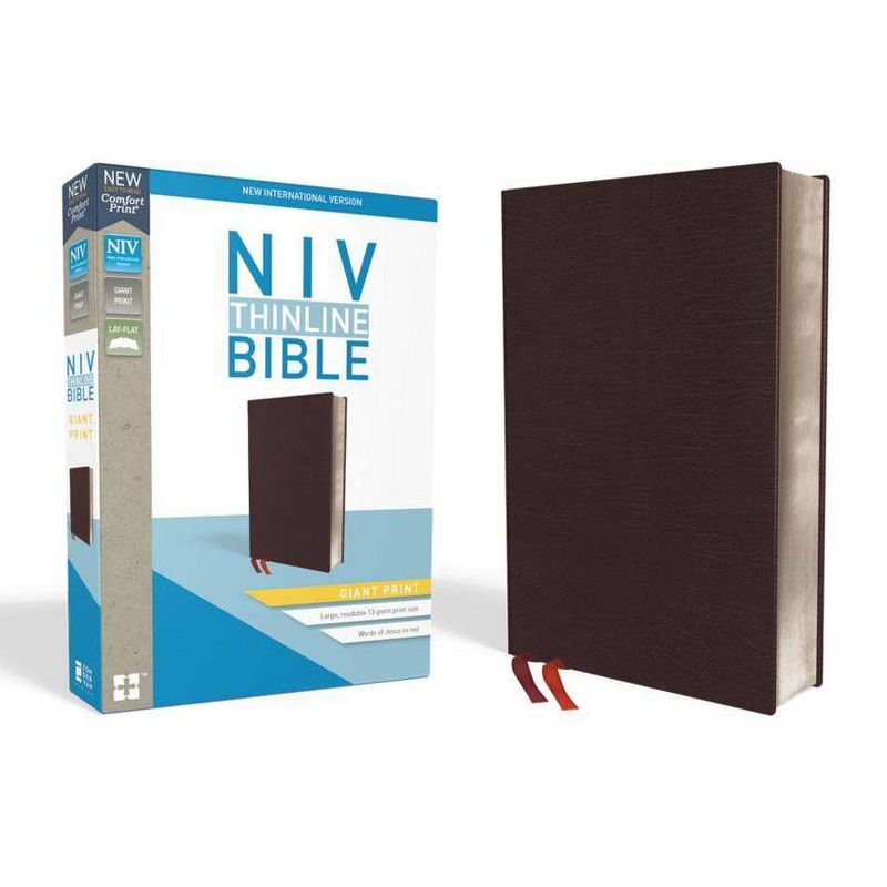 NIV, Thinline Bible, Giant Print, Bonded Leather, Burgundy, Indexed, Red Letter Edition - Large Print by  Zondervan (Leather Bound), 1 of 2