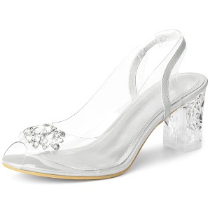 Perphy Women's Clear Slingback Rhinestone Peep Toe Block Sandal Heels - 1 of 4