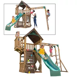 KidKraft Hangout Hideaway Clubhouse Wooden Swing Set/Playset with Slide and Monkey Bars