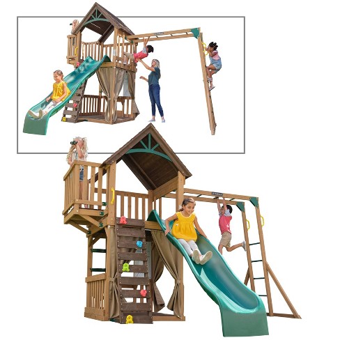 KidKraft Hangout Hideaway Clubhouse Wooden Swing Set/Playset with Slide and Monkey Bars - image 1 of 4